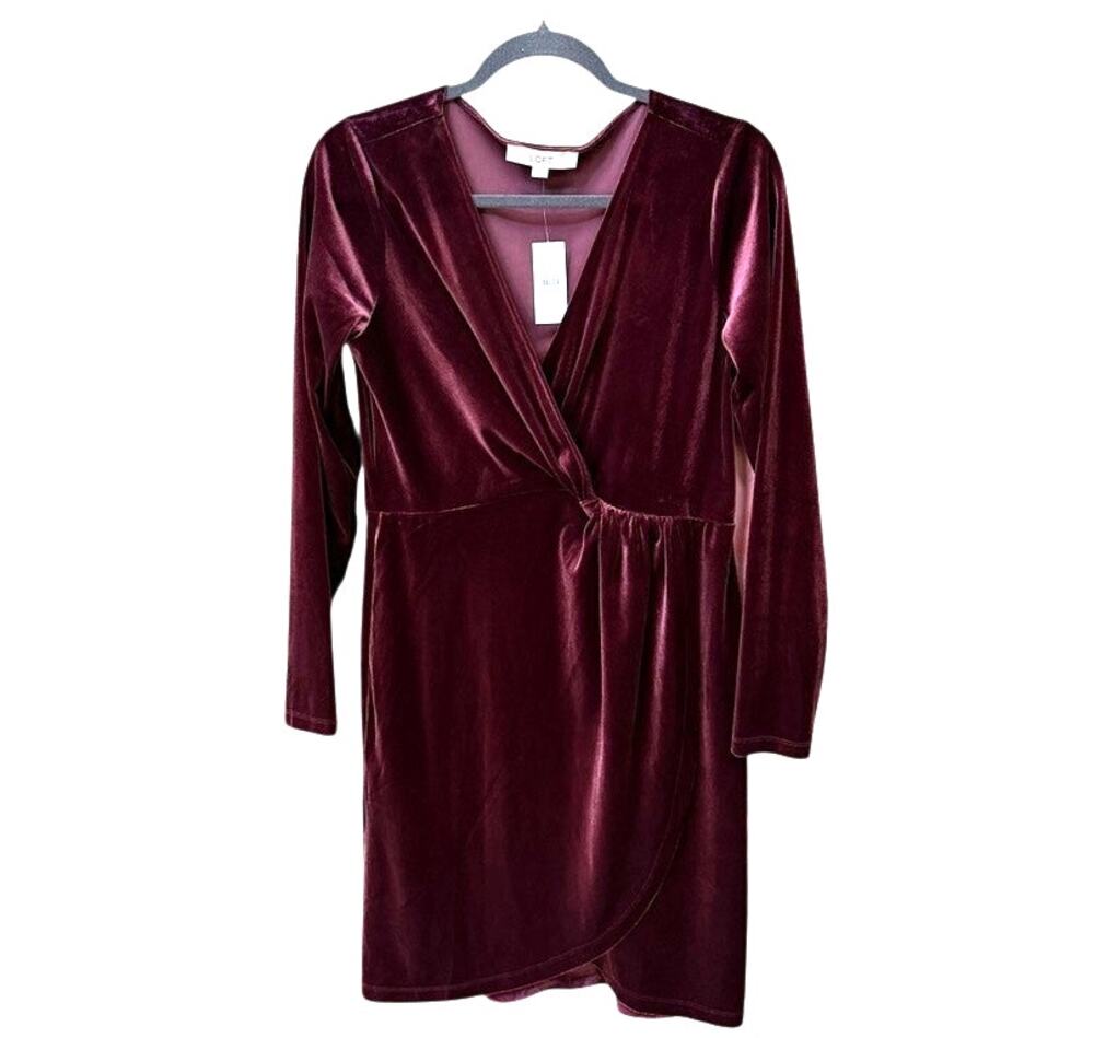 LOFT Dress Women SZ Medium M Burgundy Velvet Faux Wrap Long Sleeve Goth Cocktail